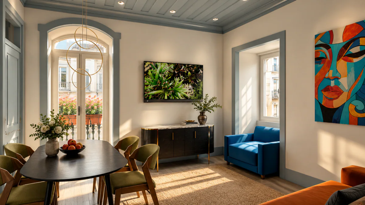 Staging 3D de uma casa portuguesa antiga em Soure: zona de estar e jantar