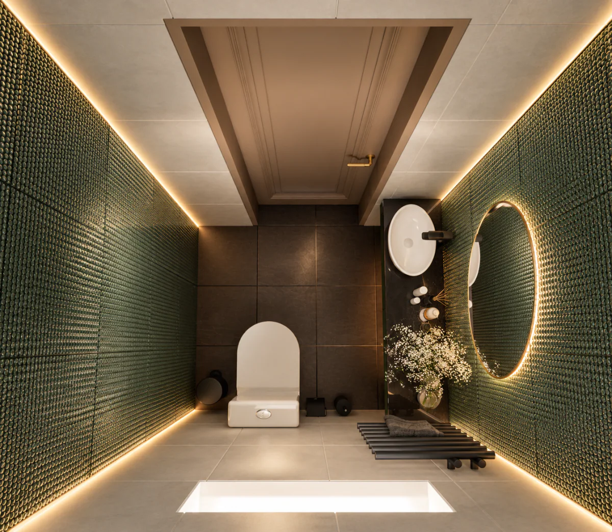 Overhead view of the green guest WC