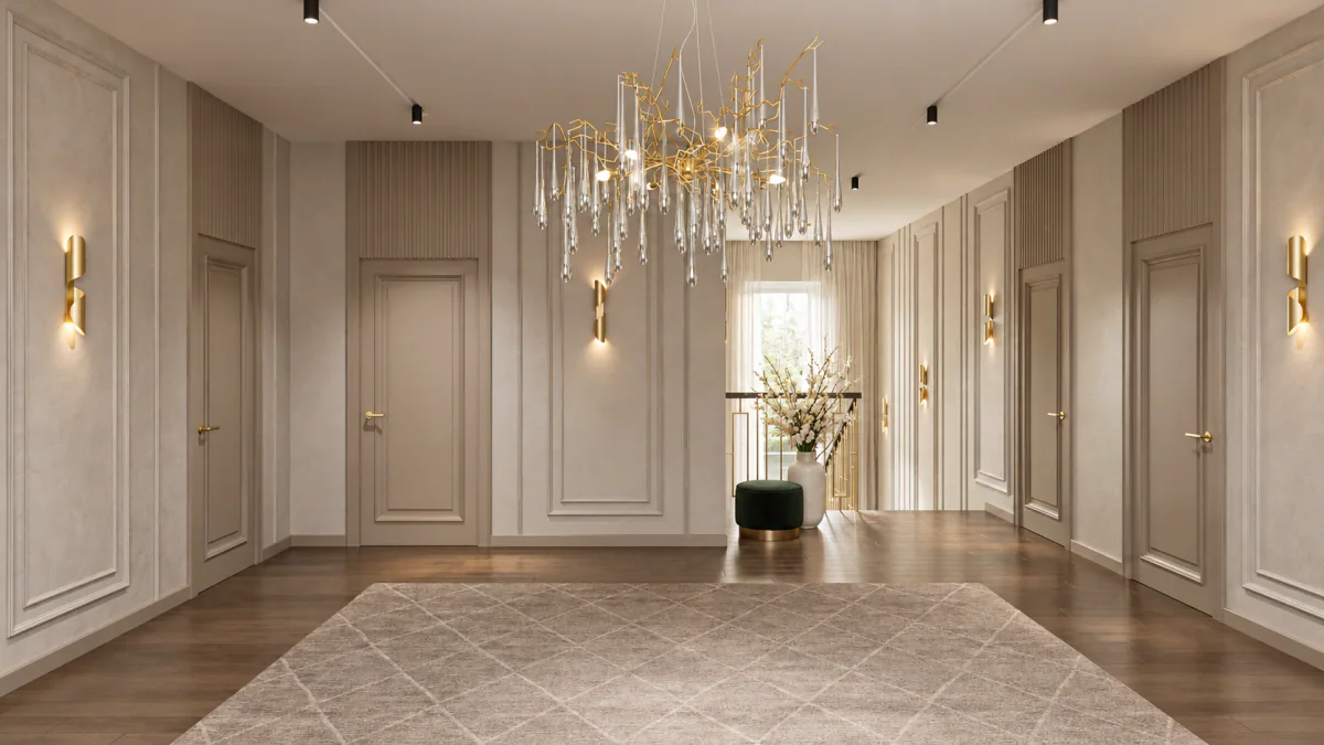 Upper hall with wall mouldings and crystal lighting