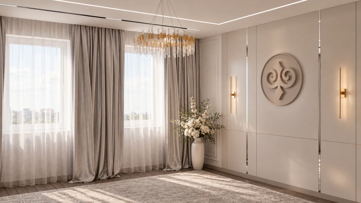Small sitting room with tall windows and a crystal pendant light
