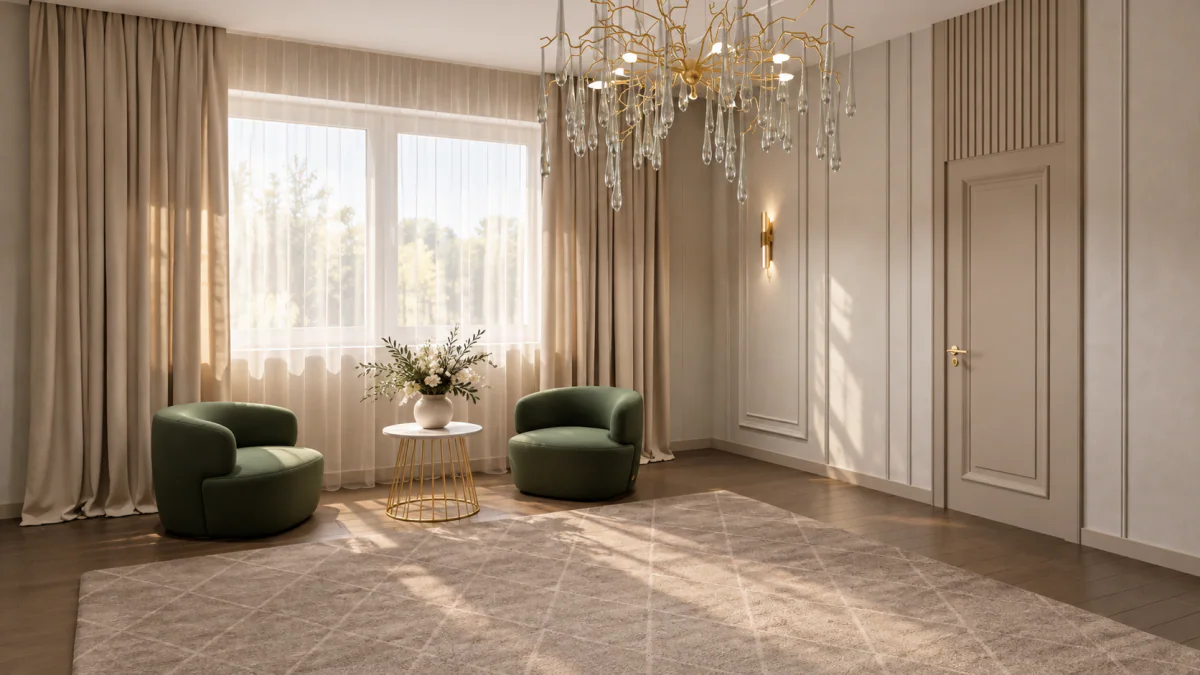 Seating area with green armchairs beside tall windows