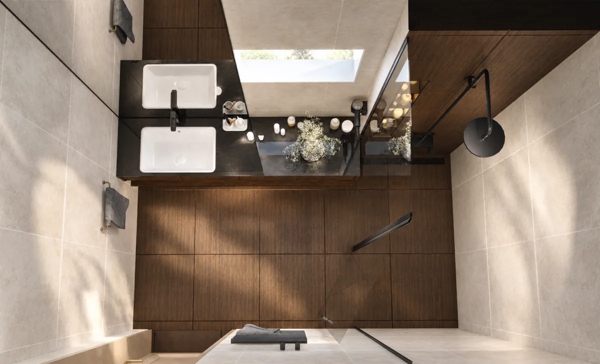 Overhead view of the shower bathroom layout