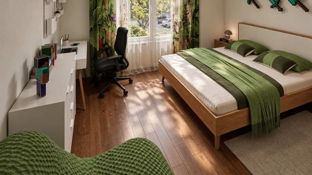 Quarto de criança com roupa de cama verde e secretária junto à janela