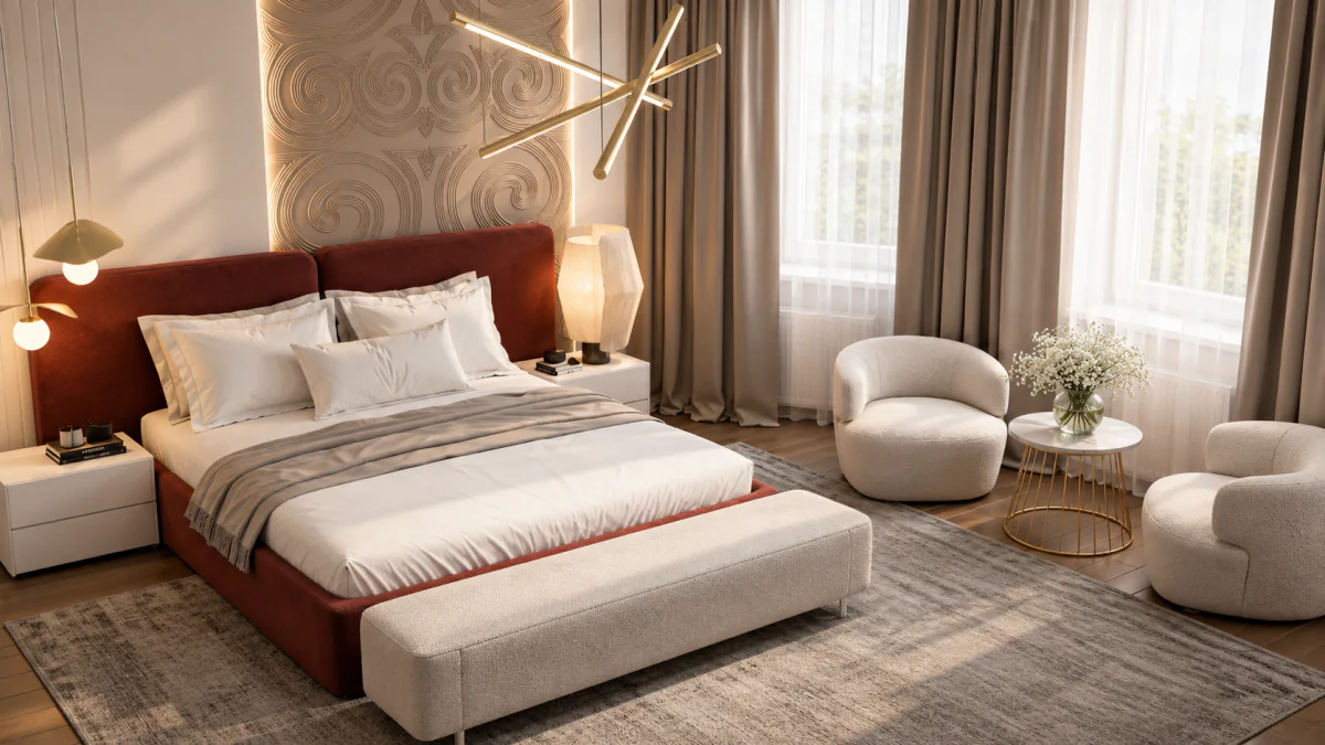 Main bedroom with an upholstered bed and a seating area by the window