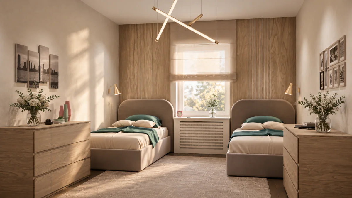 Shared bedroom with twin beds and teal accents