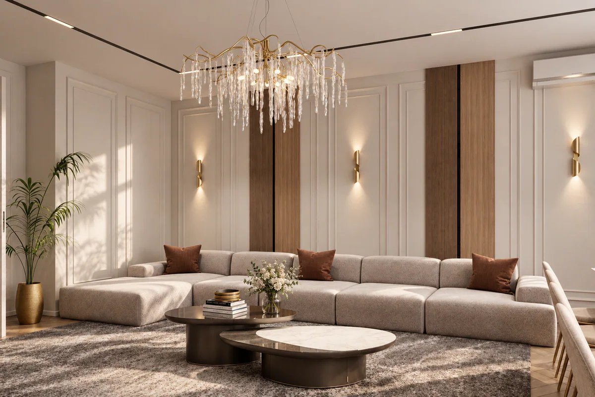 Sala de estar com sofá de canto e lustre dourado