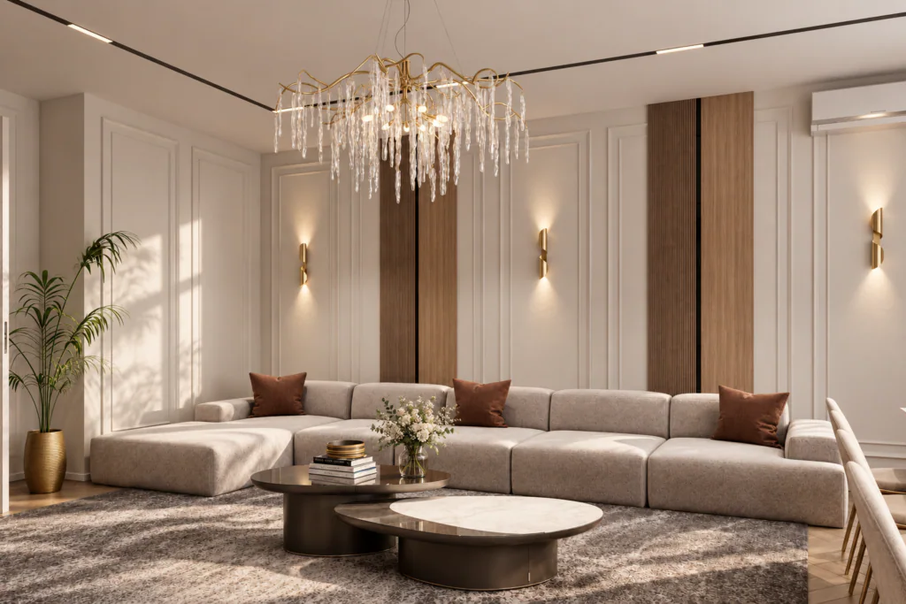 Sala com sofá de canto — Neoclassicismo Dourado, 180 m²