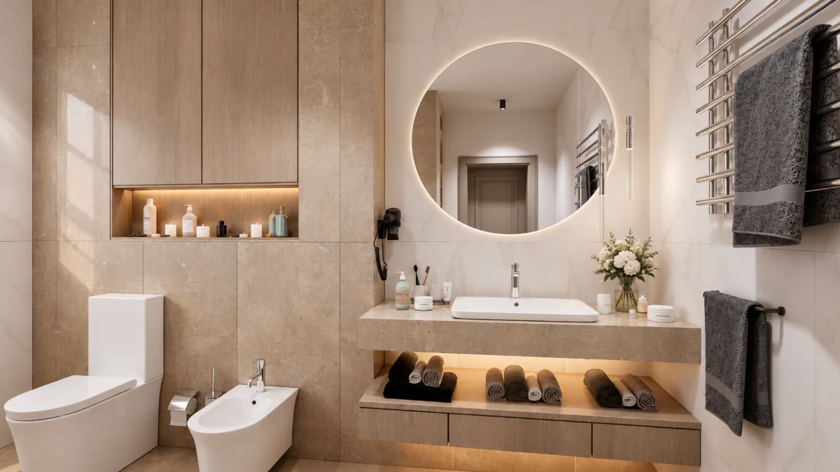 Bathroom vanity with a round mirror and timber cabinetry