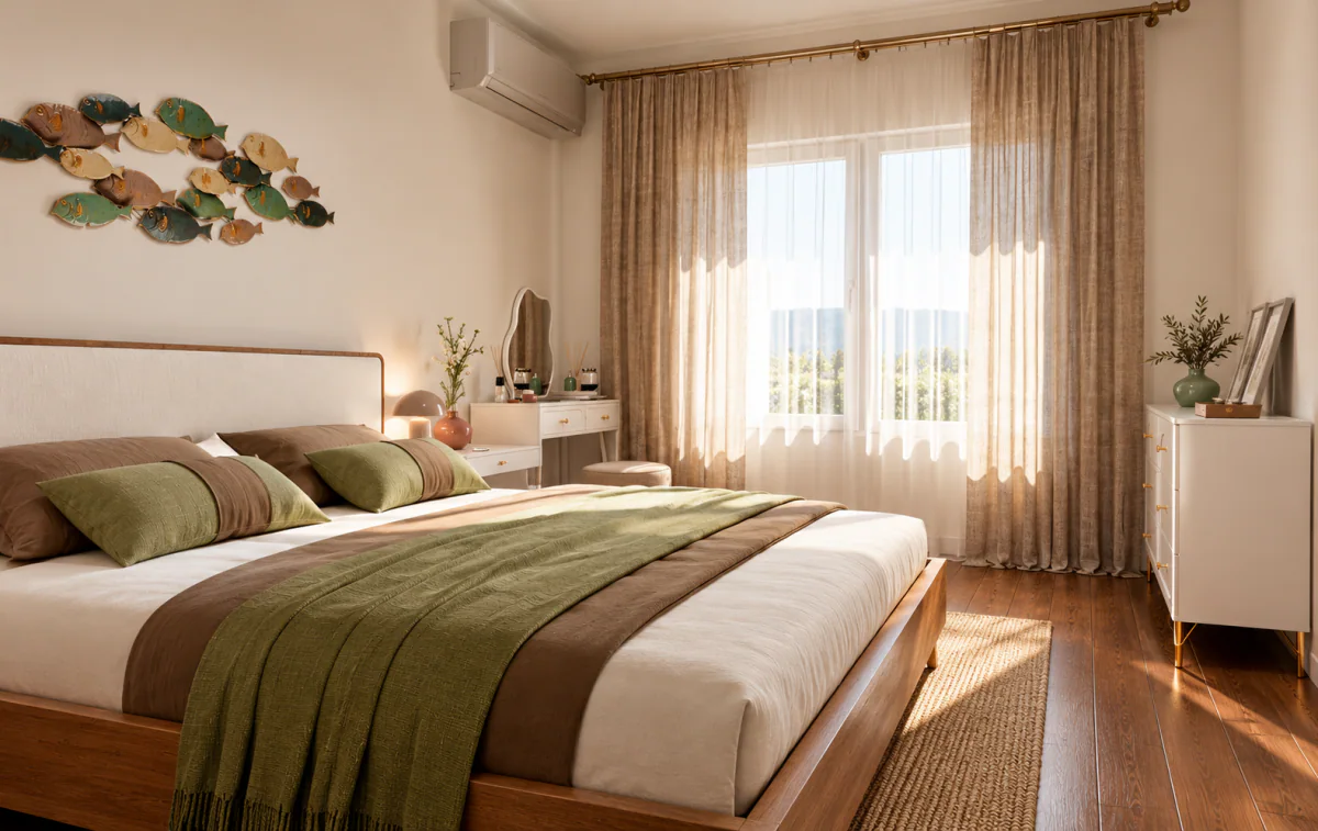 Quarto principal com roupa de cama verde e cortinas compridas