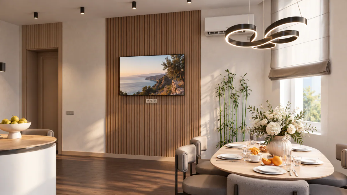 Kitchen dining area with timber wall panels and a pendant light