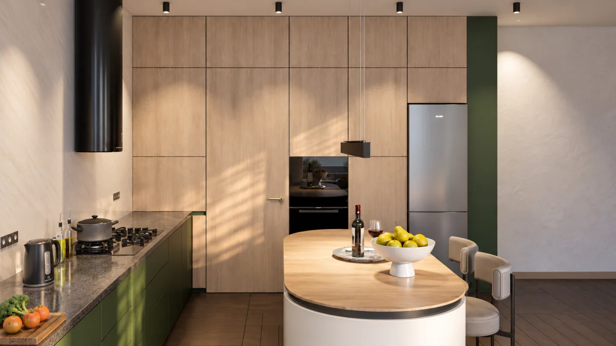 Kitchen with tall cabinets, integrated appliances and a rounded counter