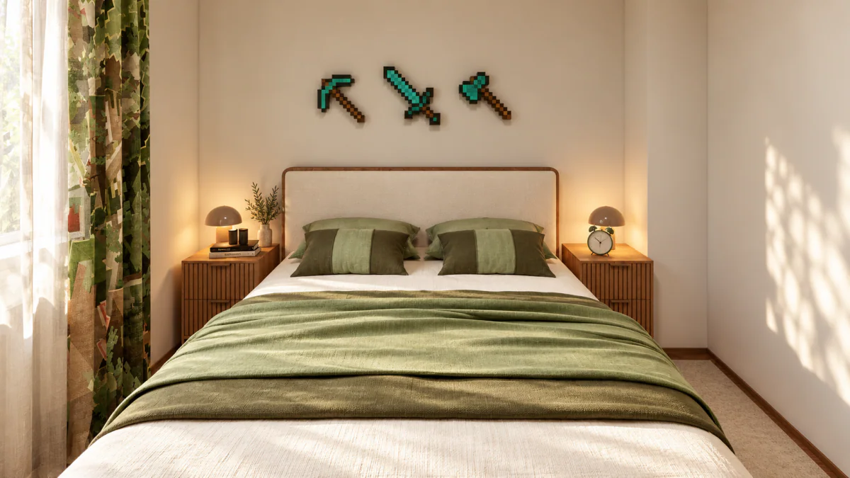 Quarto de criança com têxteis verdes e decoração de parede pixelizada