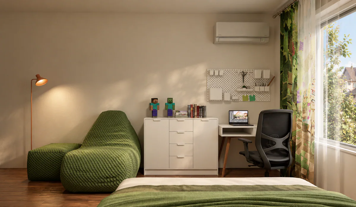 Zona de estudo do quarto de criança com cadeirão verde