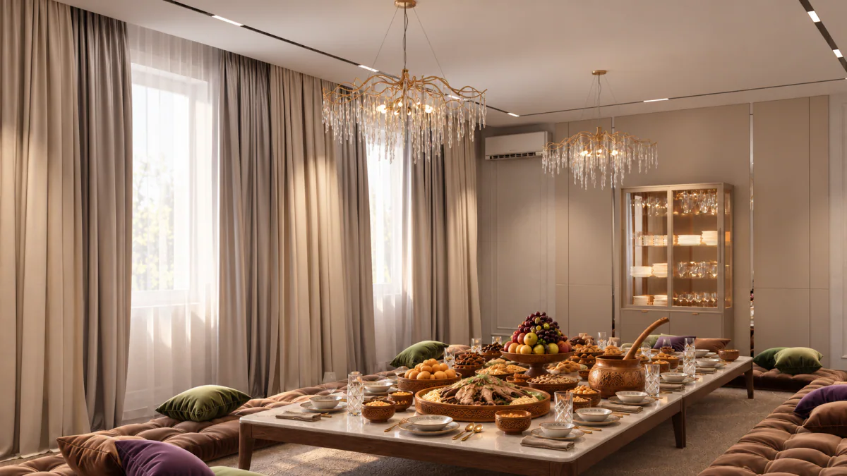 Dining area beside tall windows and full-length curtains