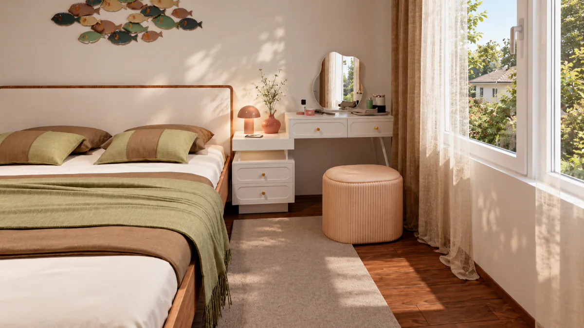 Toucador do quarto principal junto à cama e à janela