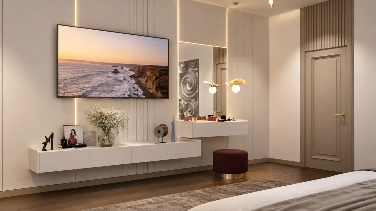 Bedroom TV wall with a dressing table and suspended storage