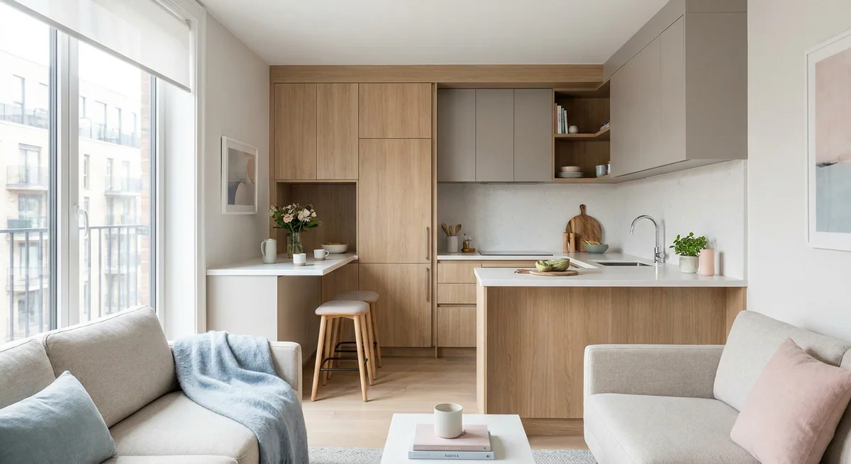 Small studio kitchen: layout, appliances and furniture
