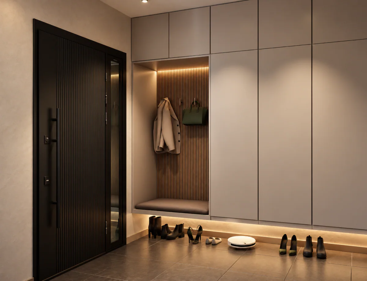 Entrance hall with fitted wardrobes, a mirror and coat storage