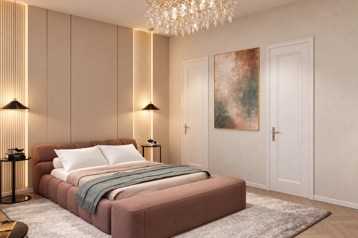 Quarto principal com cama estofada e painéis de parede em relevo