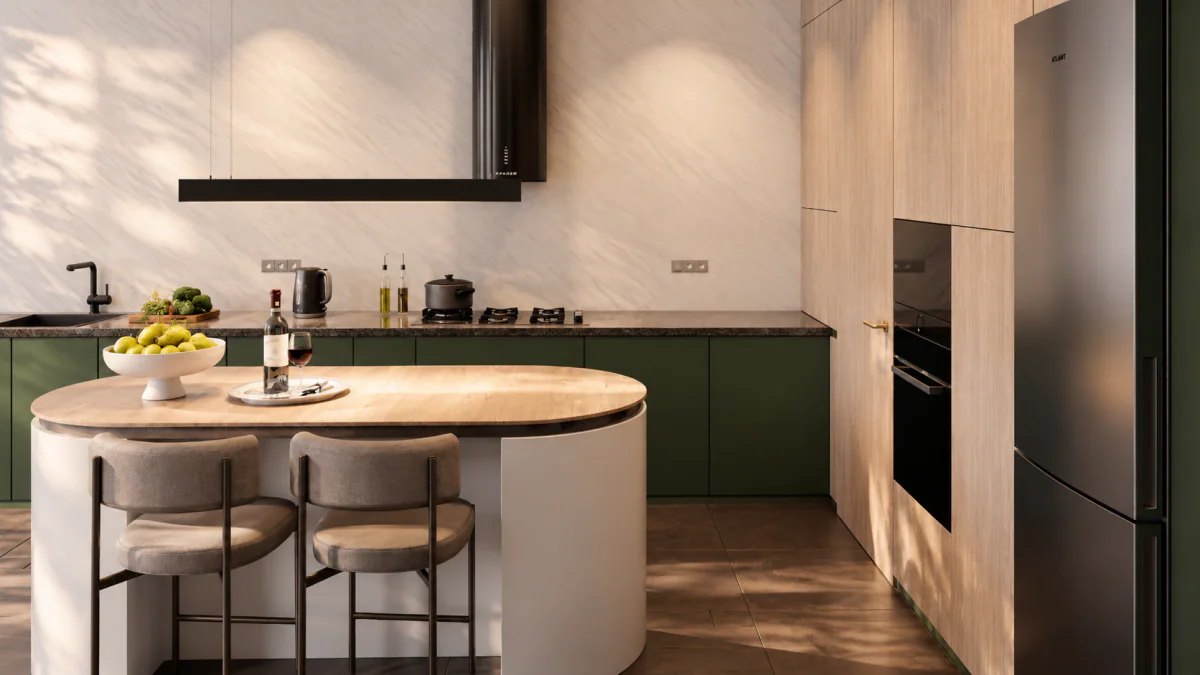 Kitchen breakfast counter beside green cabinets and a timber floor