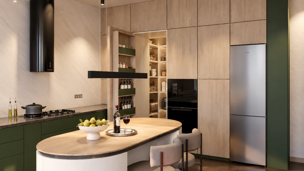 Kitchen with green base cabinets and a rounded breakfast counter
