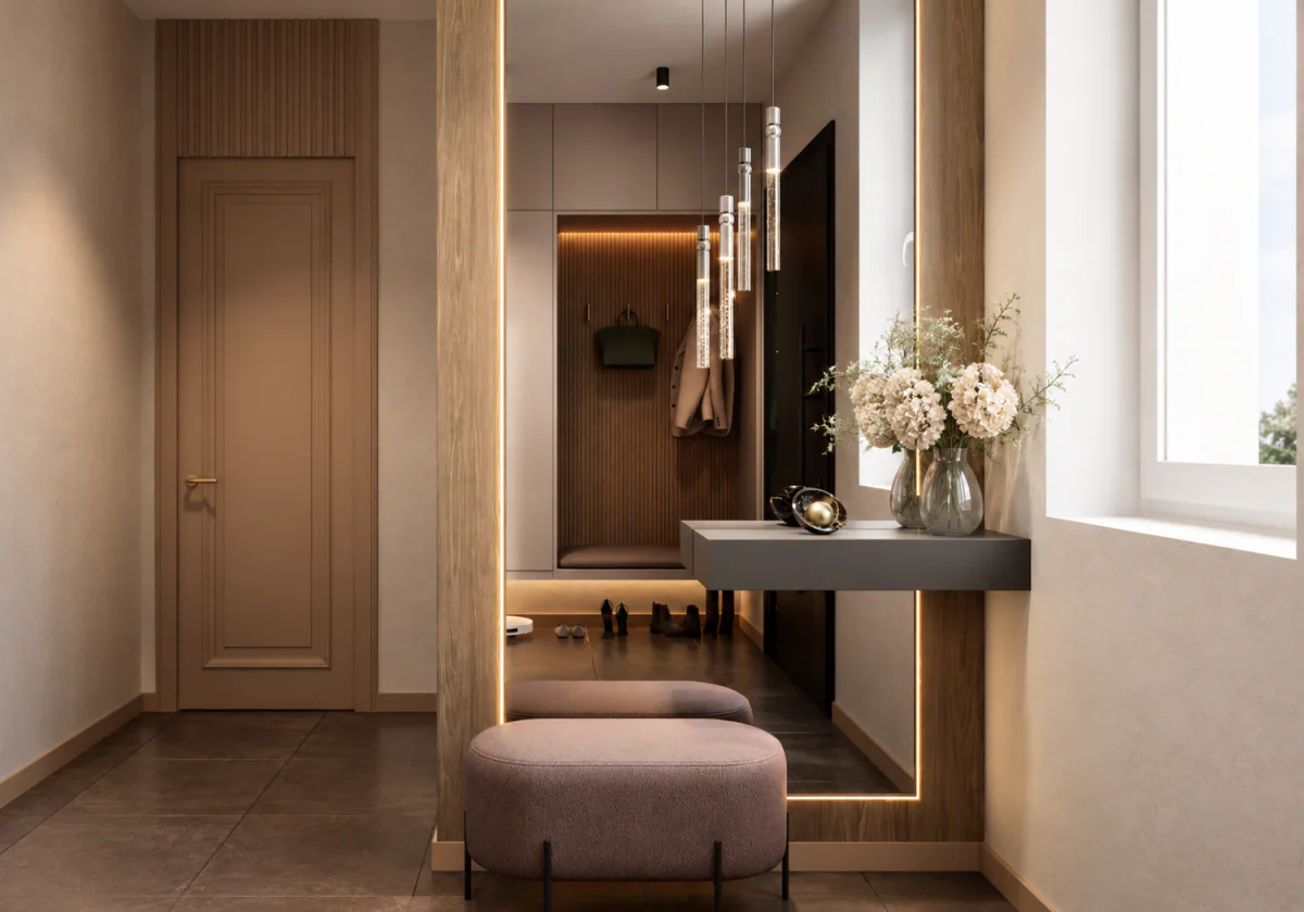 Hallway with a console, upholstered stool and full-height mirror
