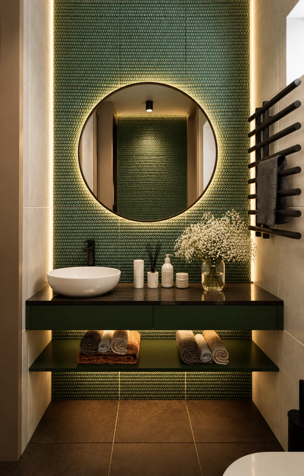 Guest WC with green wall tiles and an illuminated round mirror