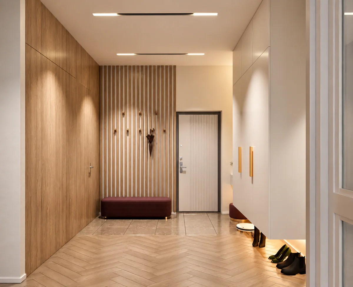 Hall de entrada com painéis de madeira e banco estofado