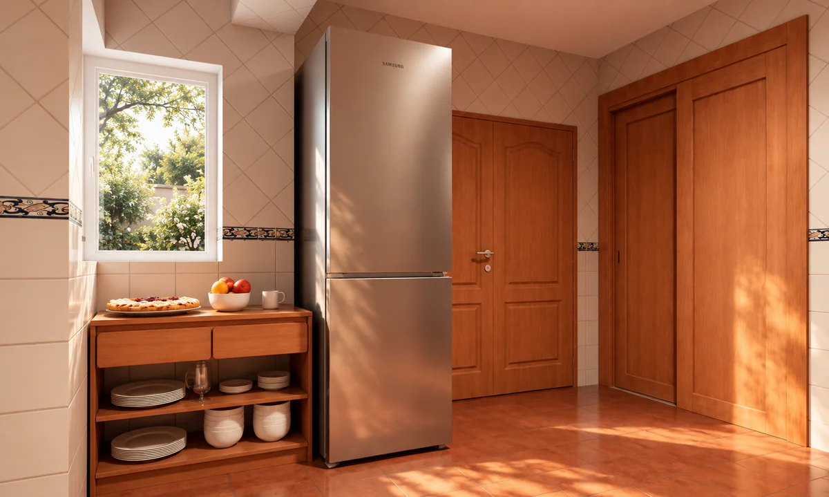 Cozinha com frigorífico e luz natural