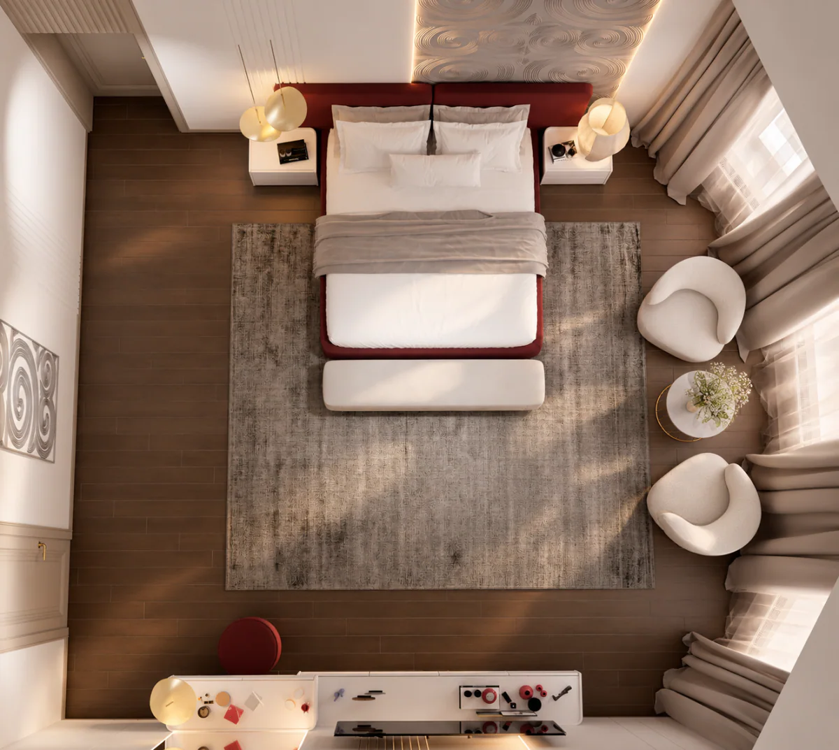 Overhead view of the main bedroom furniture layout