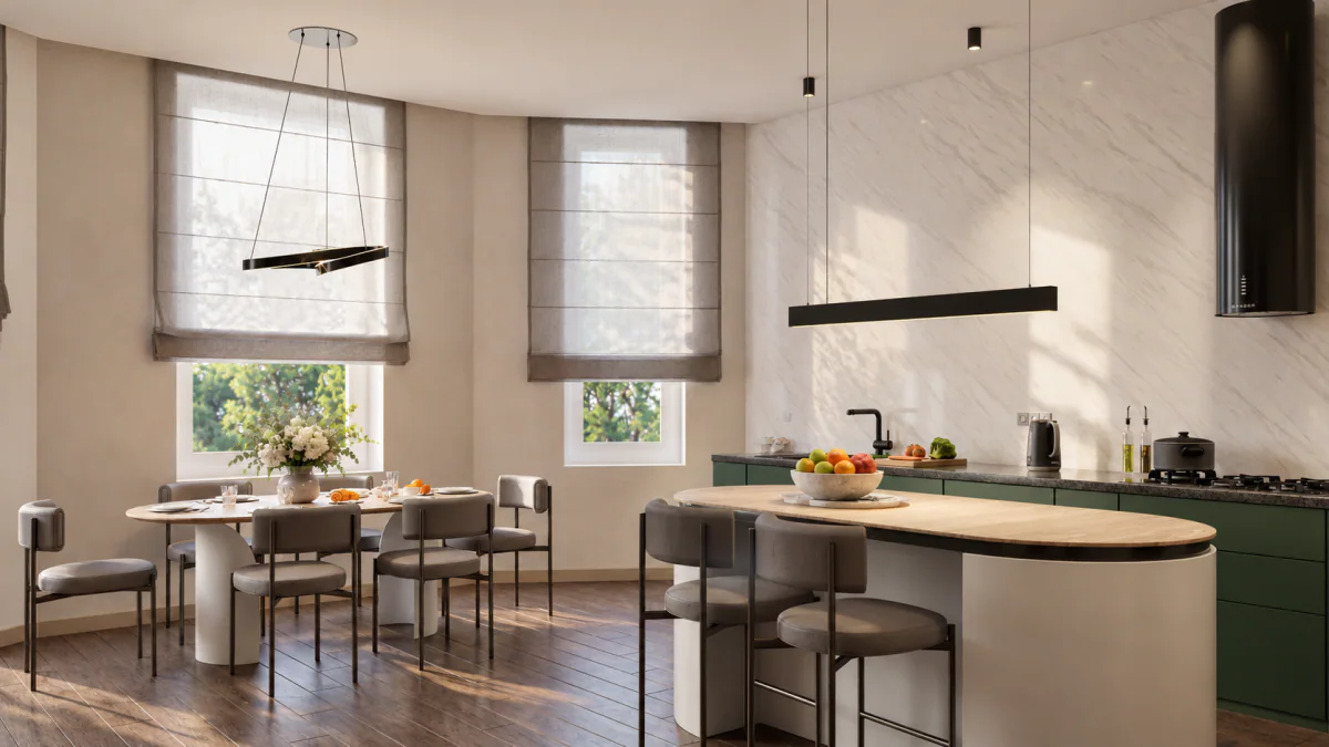 Kitchen with a dining table, breakfast counter and large windows