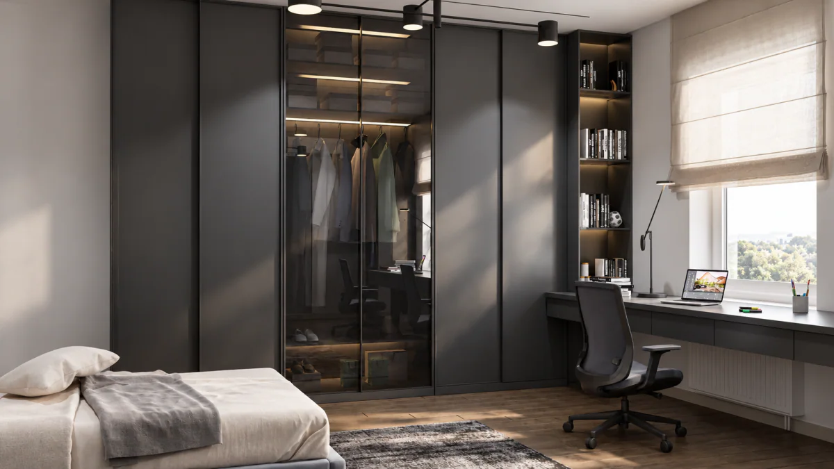 Bedroom with a glazed wardrobe and a desk by the window