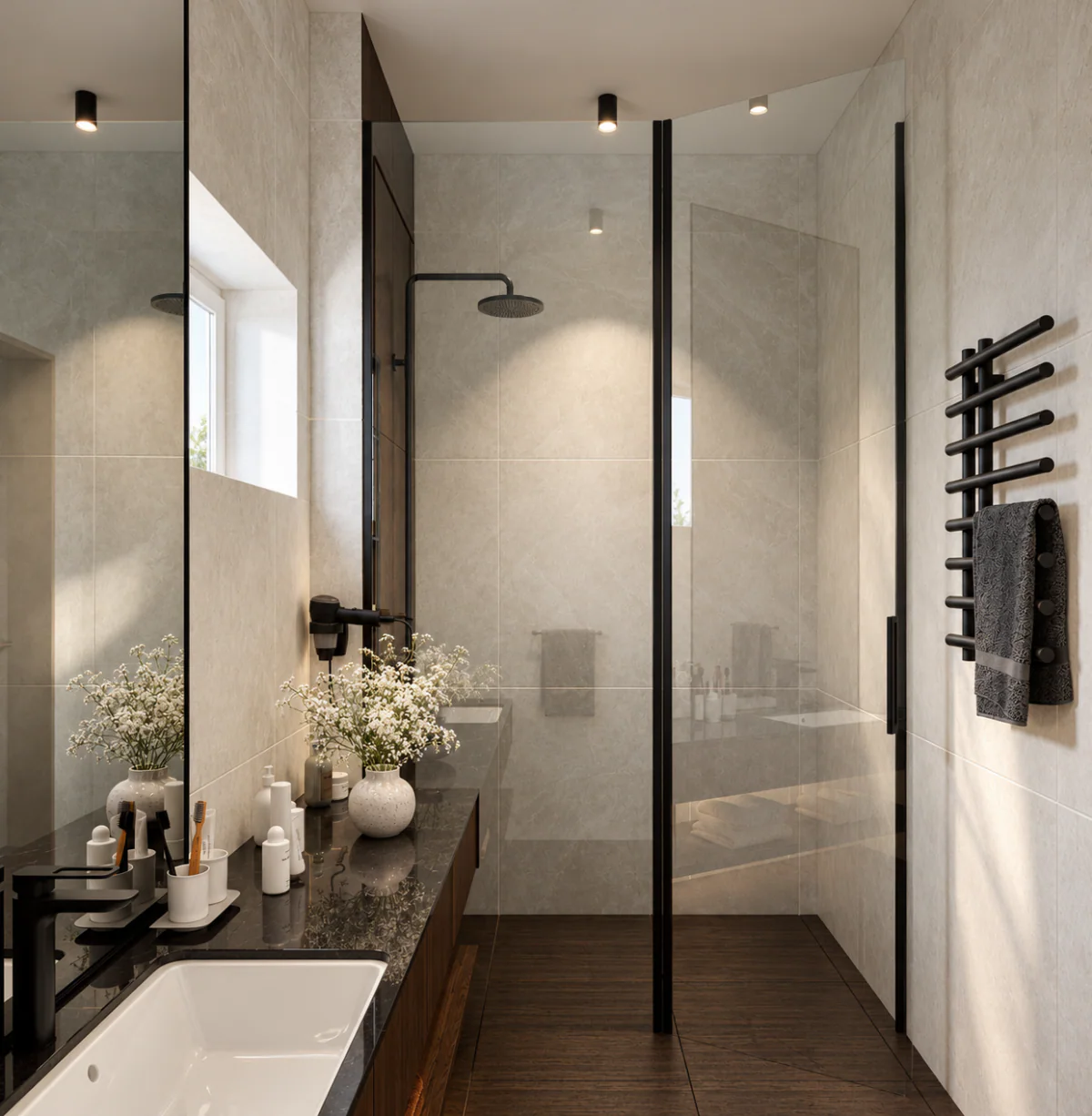 Glass shower enclosure beside the bathroom vanity