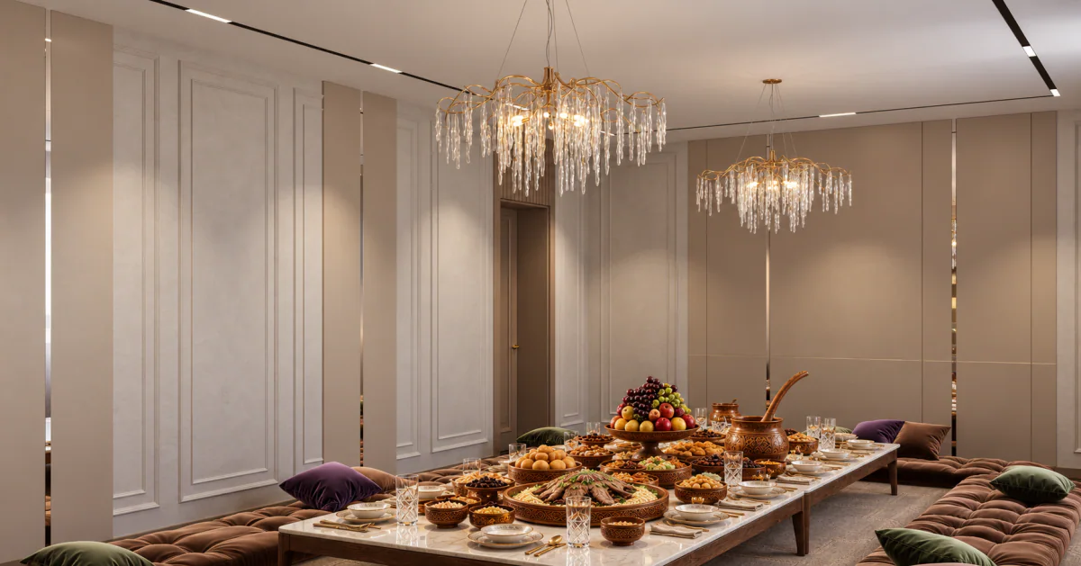 Dining room with a large table and glazed display cabinet