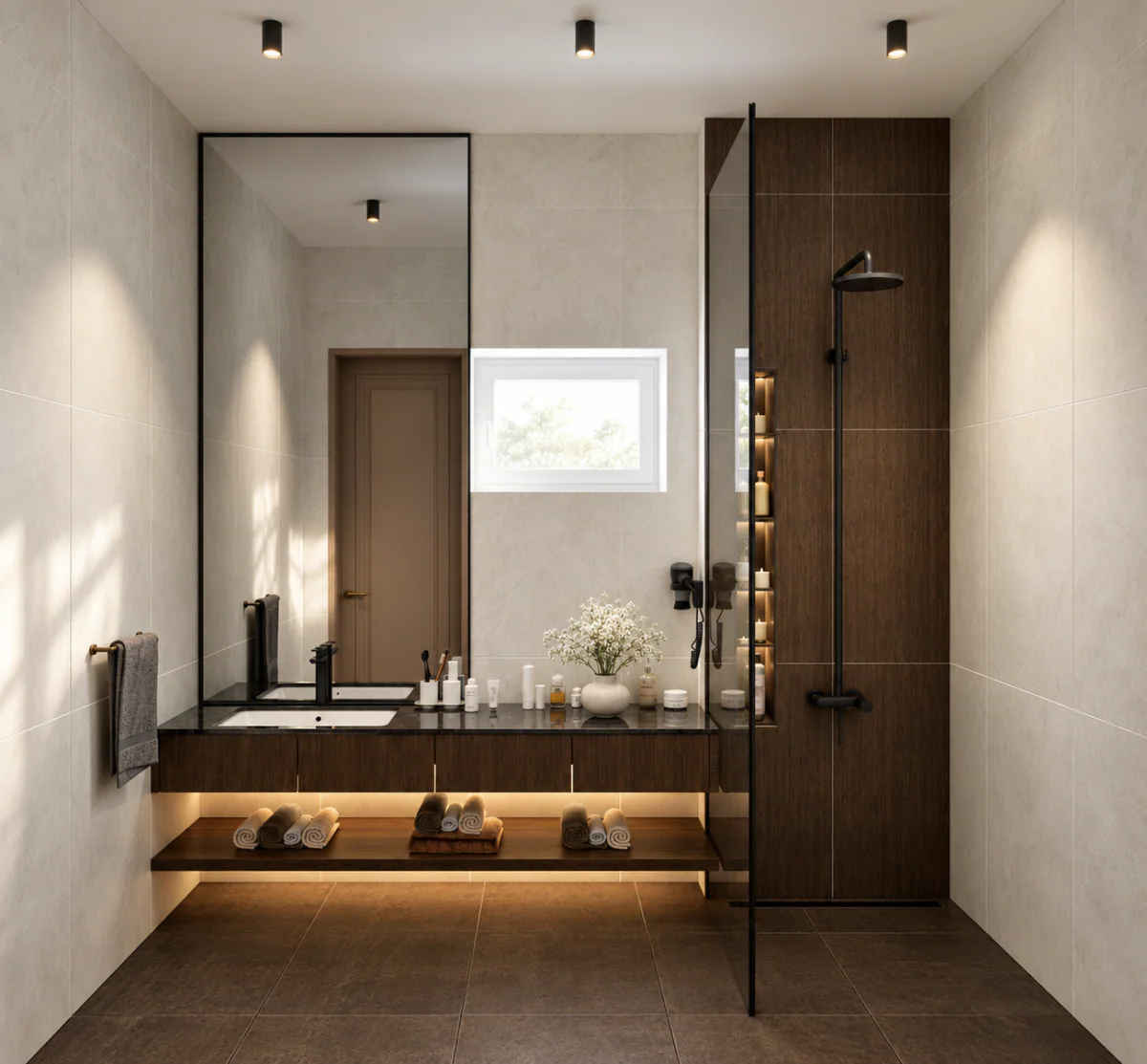 Bathroom with a walk-in shower and a long vanity unit