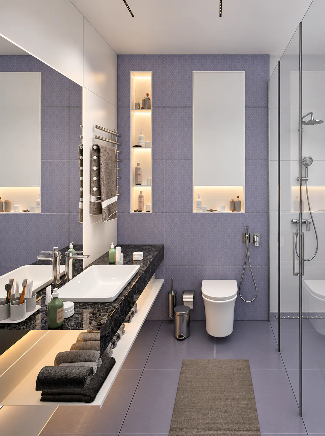 Casa de banho de hóspedes com azulejos lavanda e duche