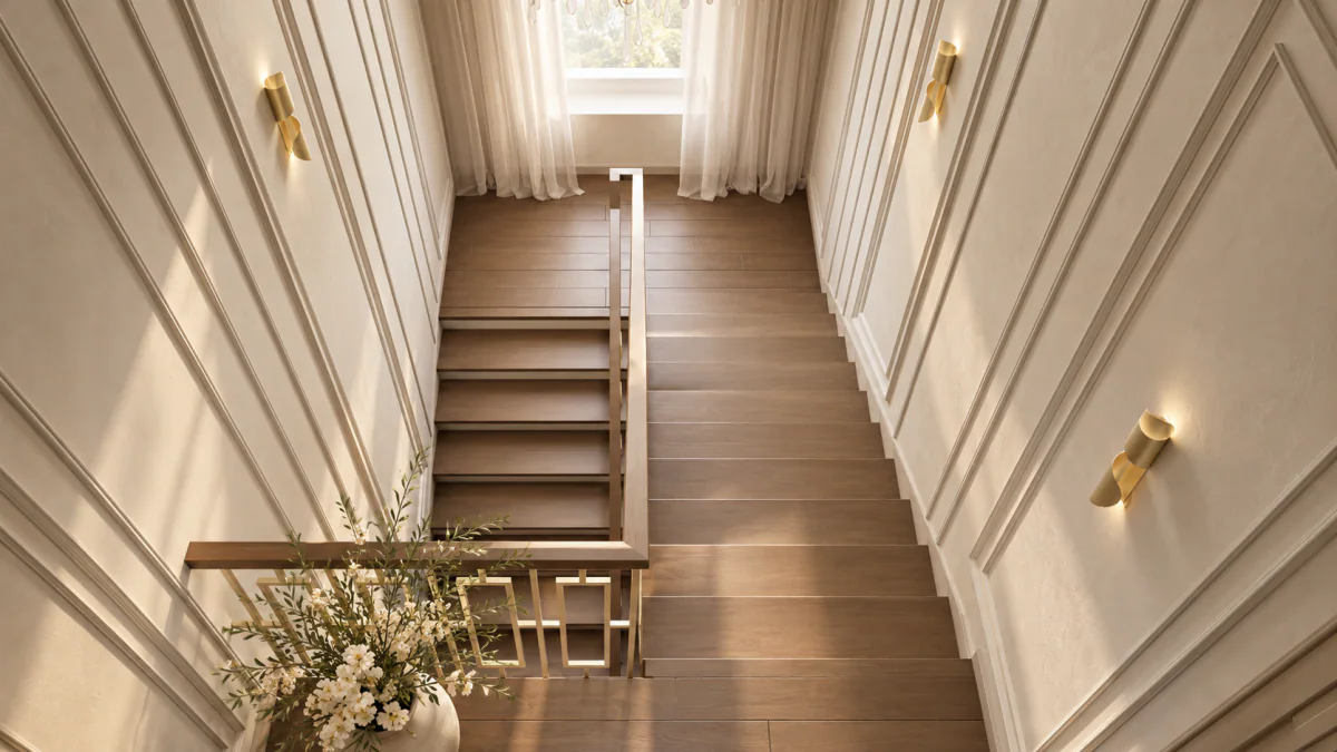 Staircase with timber steps and a decorative balustrade