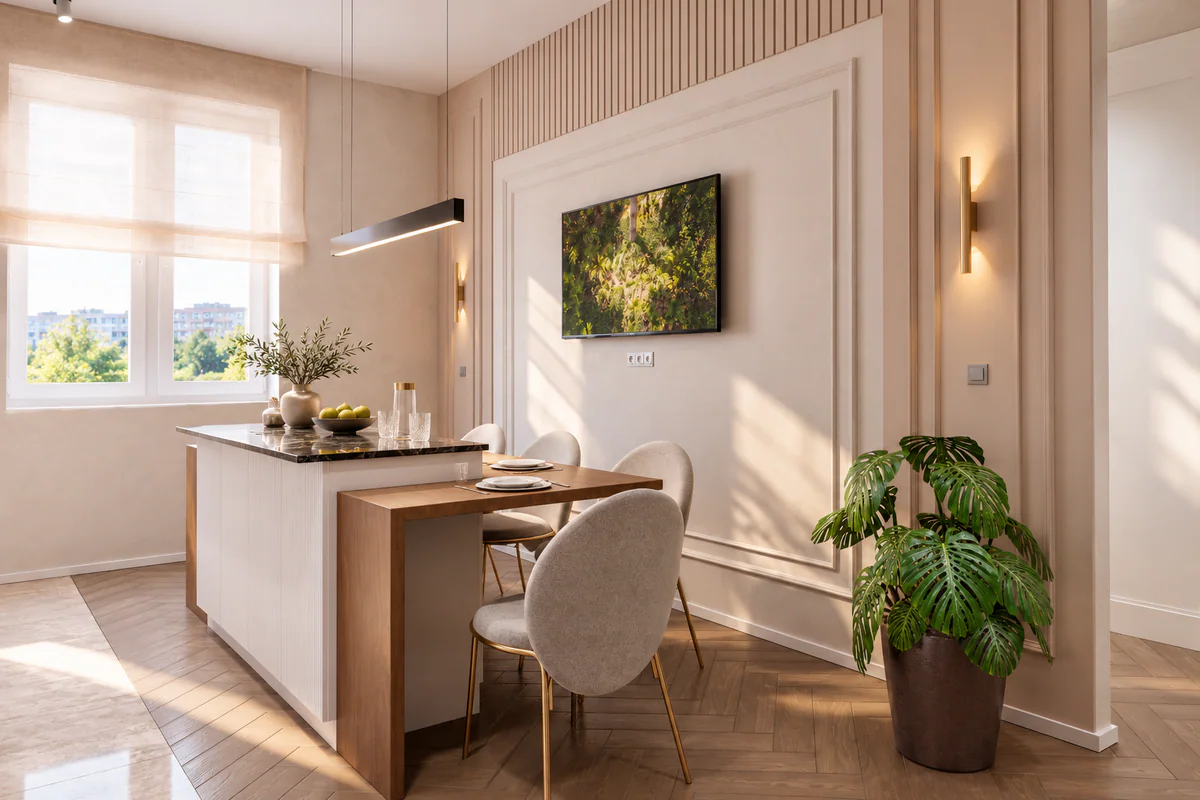 Zona de refeições da cozinha com península junto à janela