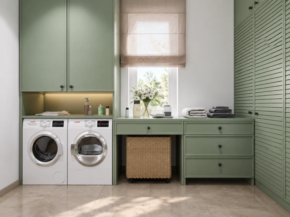 Laundry worktop beside green fitted storage