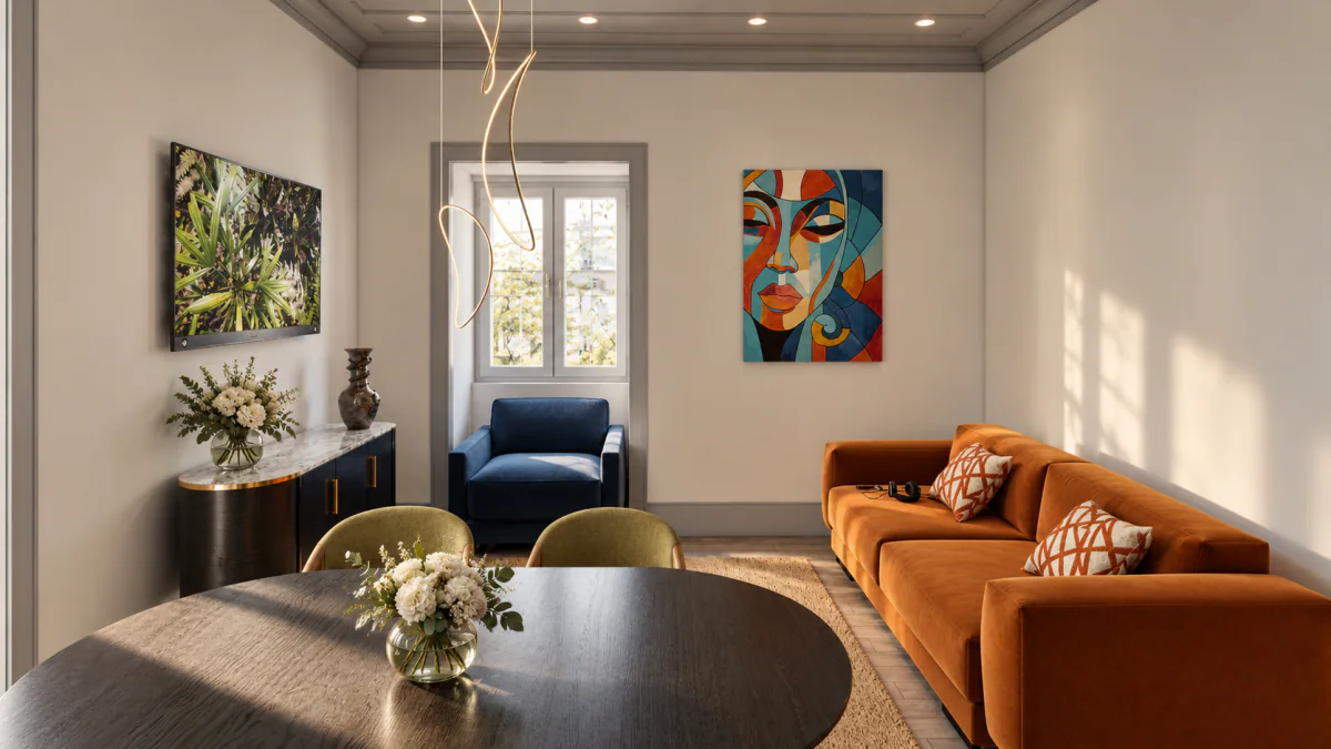 Proposta de staging 3D: sofá laranja e mesa de jantar na sala
