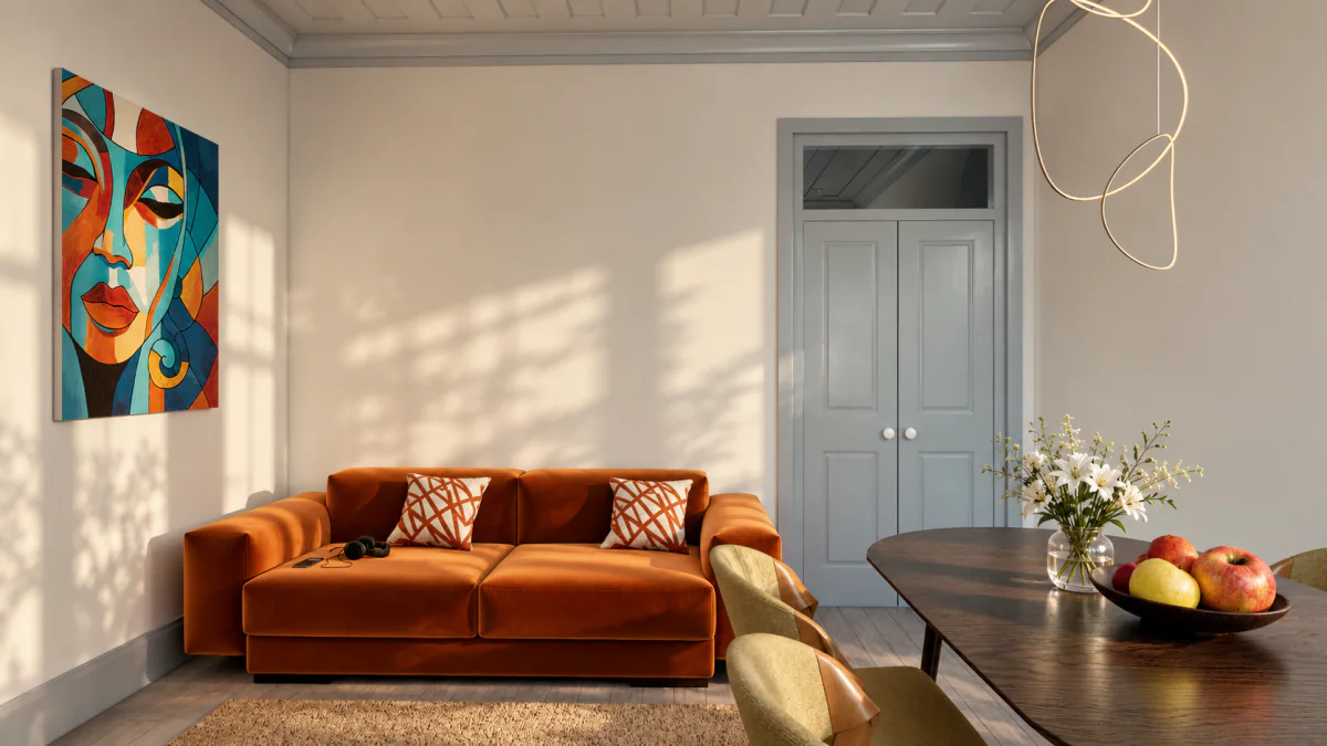 Proposta de staging 3D: sofá laranja e quadro colorido