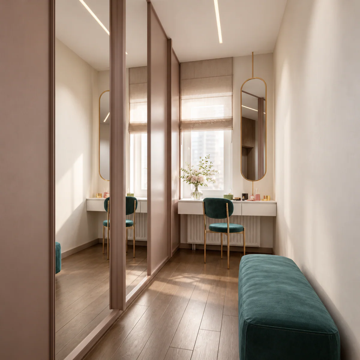 Bedroom dressing area with a full-height mirror and upholstered bench