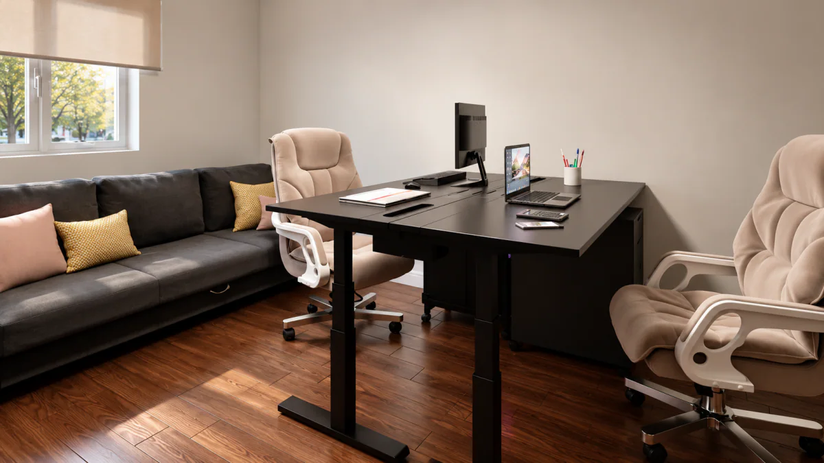 Gabinete em casa com secretária, cadeira de visitas e sofá