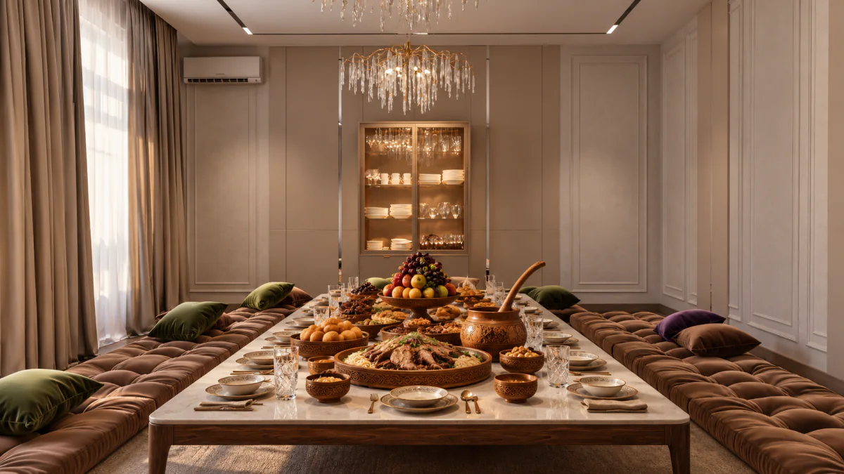 Dining room with a long table, upholstered seating and crystal chandeliers