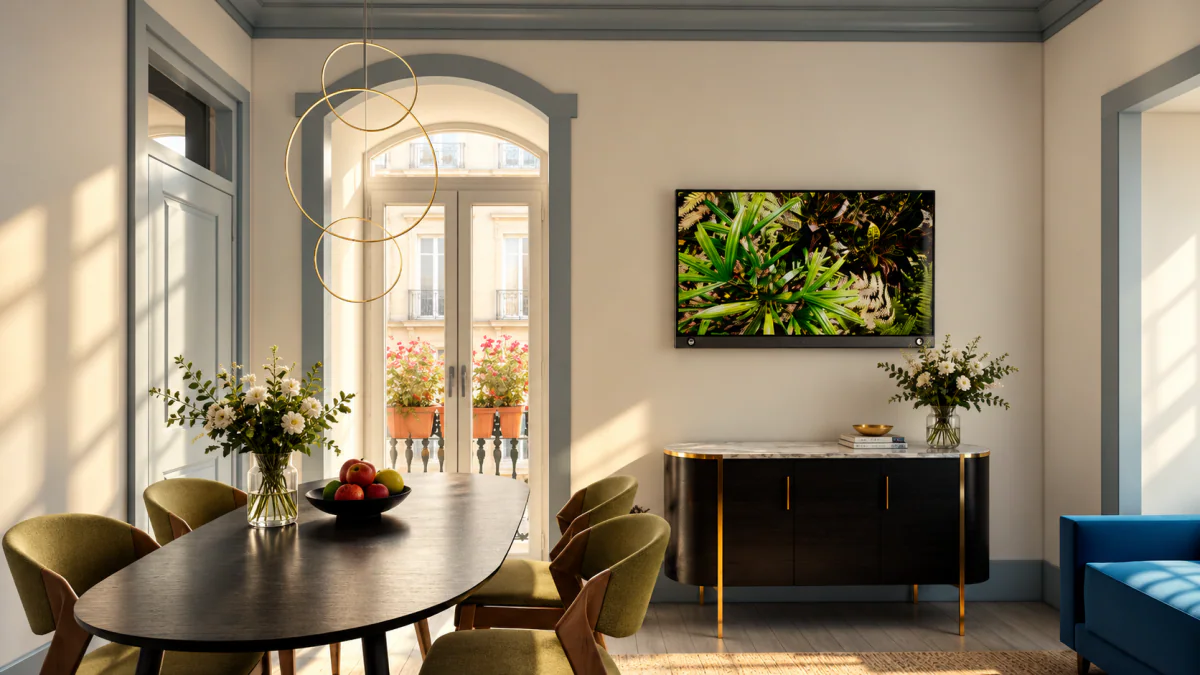 Proposta de staging 3D: zona de jantar junto à porta de varanda em arco