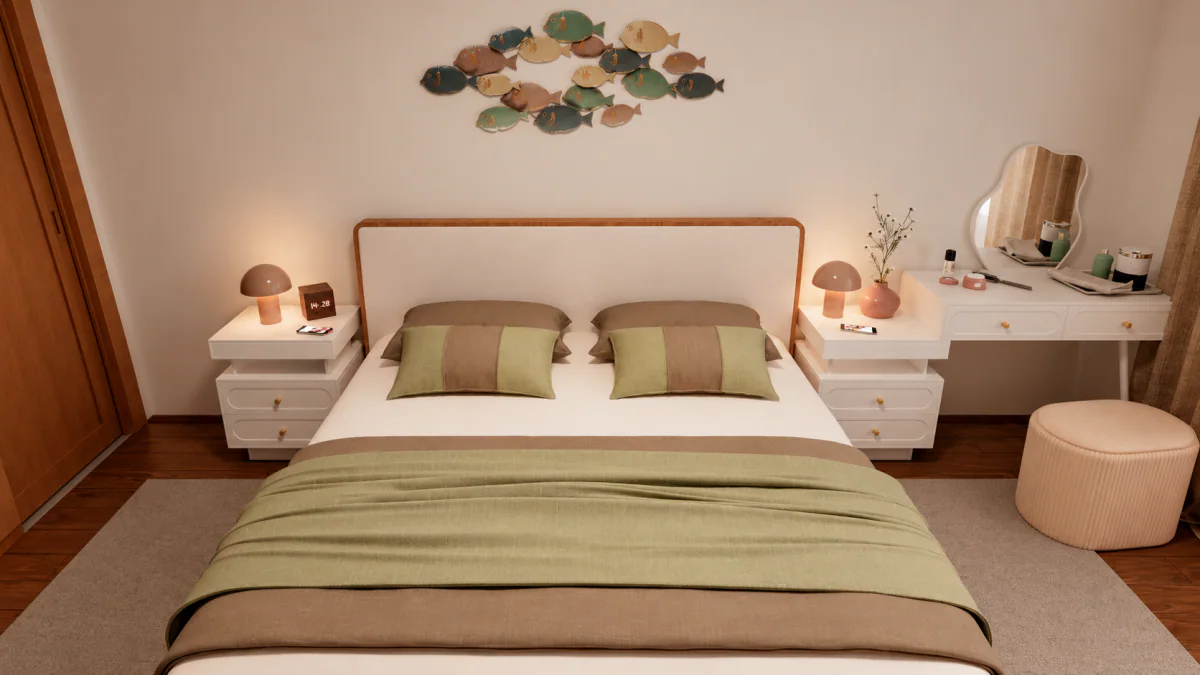 Quarto principal com têxteis verdes e arrumação coordenada