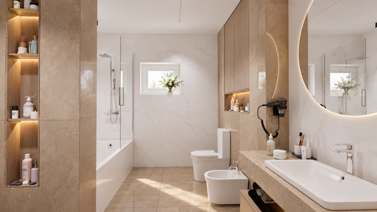 Bathroom with a freestanding bath, timber storage and a window