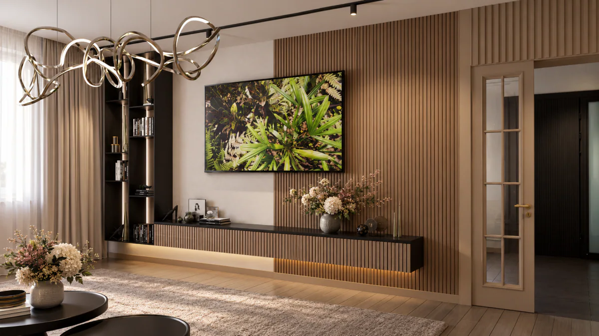 Family lounge TV wall with timber panels and a suspended cabinet