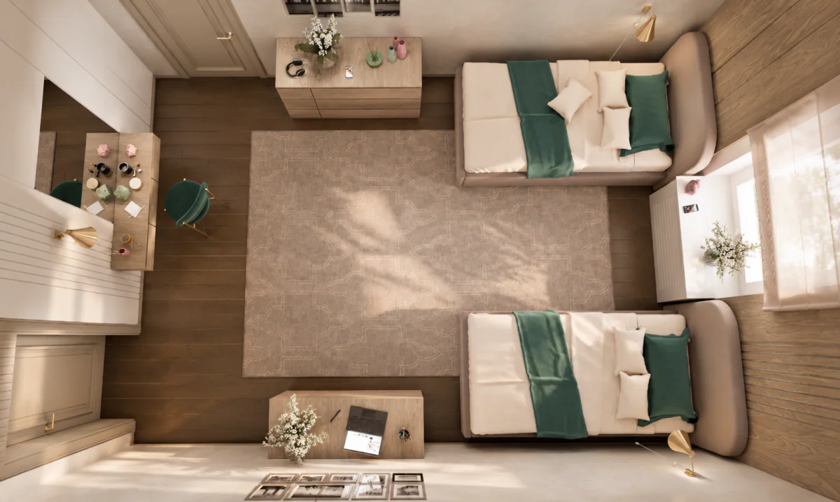 Overhead view of the twin-bedroom layout