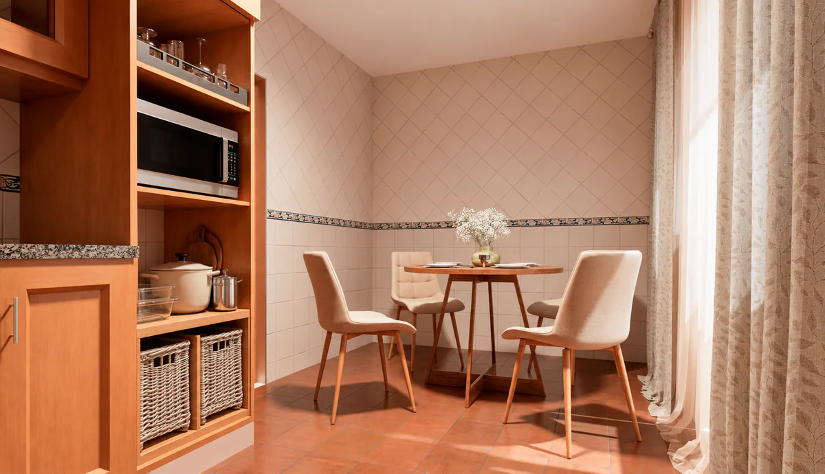 Zona de refeições da cozinha com mesa redonda junto à janela